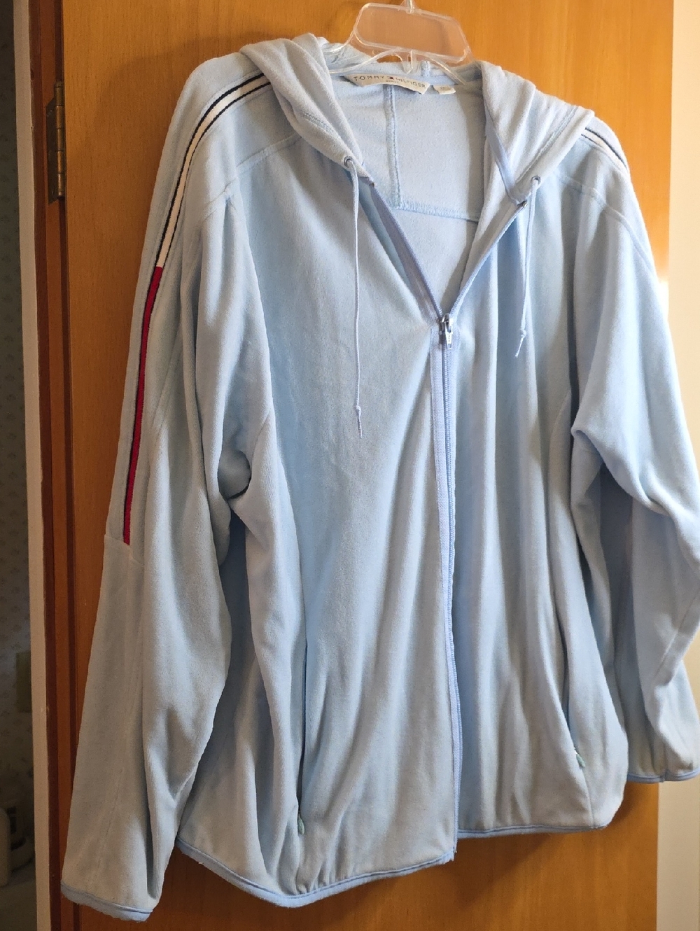 Tommy Hilfiger Light Blue Women's Zip- Up Hooded Sweatshirt. Soft Material